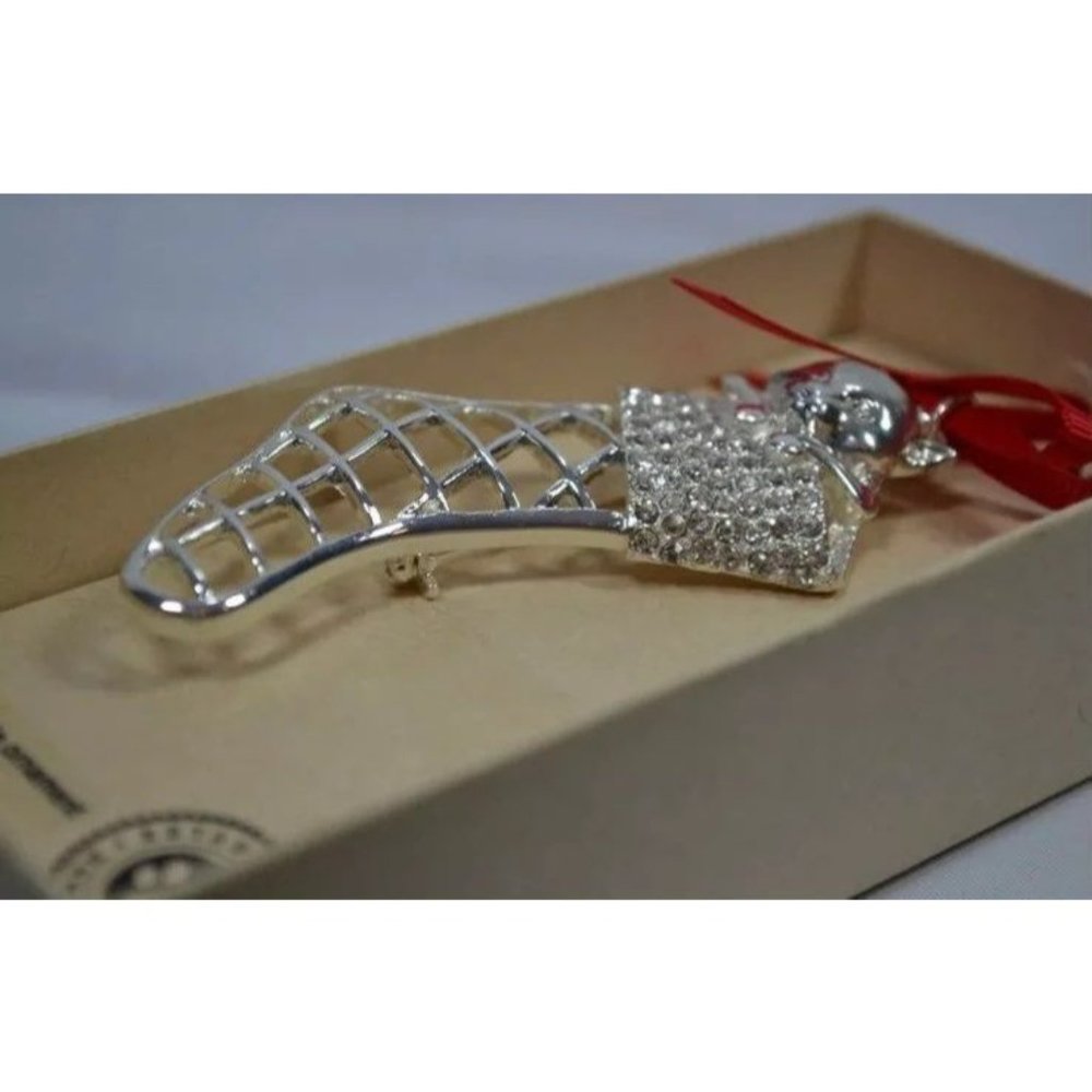Silver Rhinestone Brooch Christmas Kitty Cat Stocking Pin Pet Friends - Picture 3 of 4